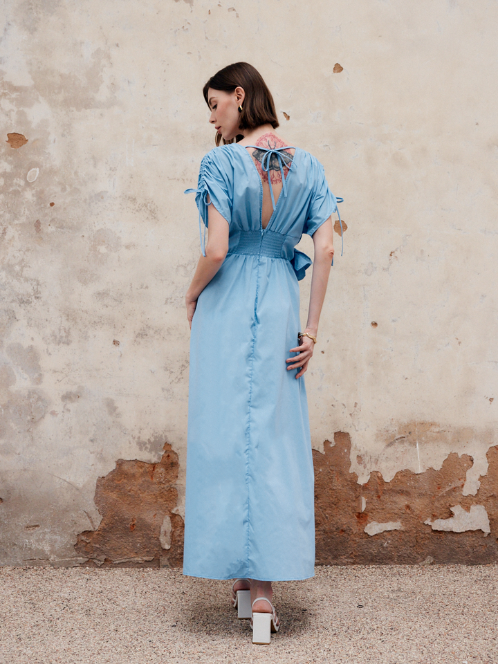 Robe Longue à Col en V et Cordon de Serrage