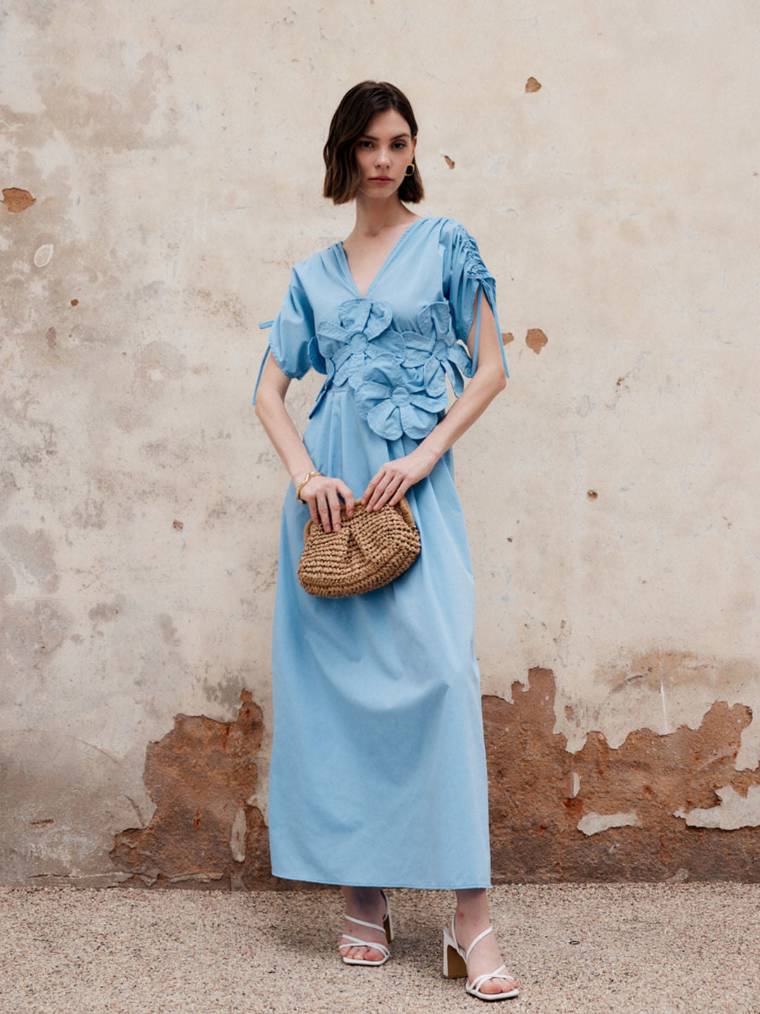 Robe Longue à Col en V et Cordon de Serrage