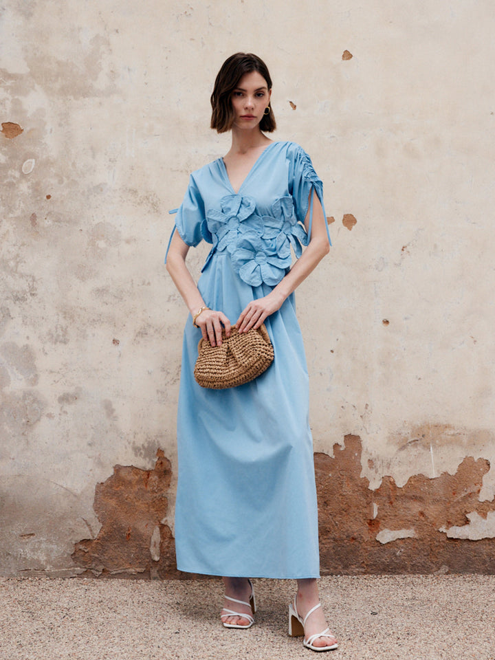 Robe Longue à Col en V et Cordon de Serrage