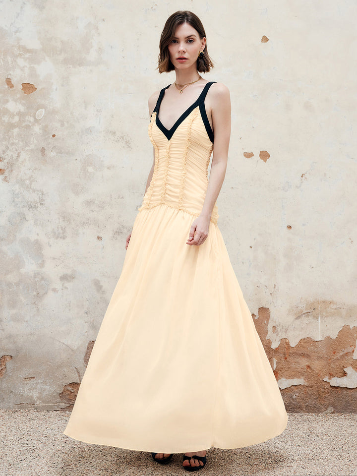 Robe Longue Plissée à Liens Contrastants
