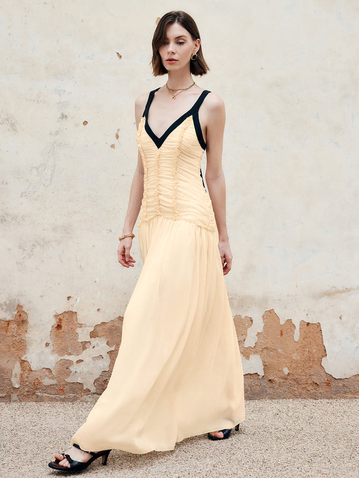 Robe Longue Plissée à Liens Contrastants