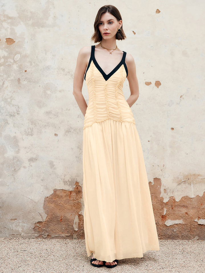 Robe Longue Plissée à Liens Contrastants