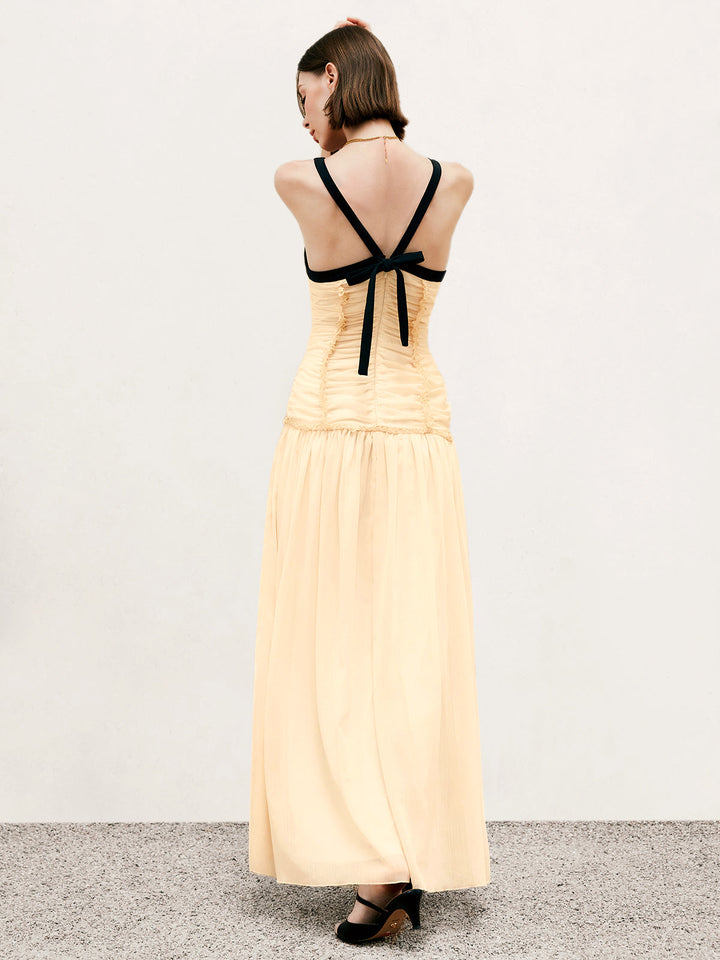 Robe Longue Plissée à Liens Contrastants