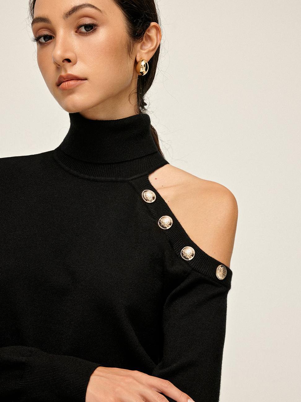 Pull à col roulé asymétrique à épaules dénudées