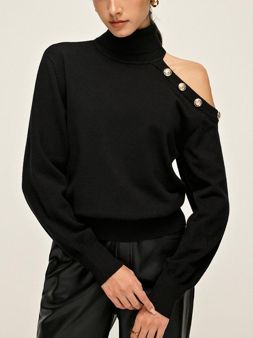 Pull à col roulé asymétrique à épaules dénudées