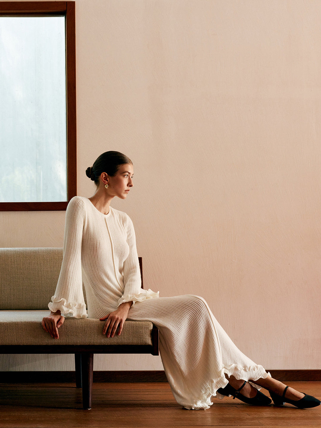 Robe en tricot à cordon de serrage avec volants et passepoil semi-transparent