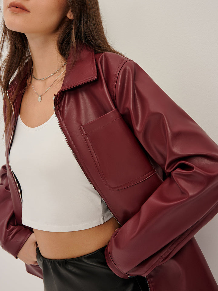 Veste en cuir synthétique à fermeture éclair sur le revers