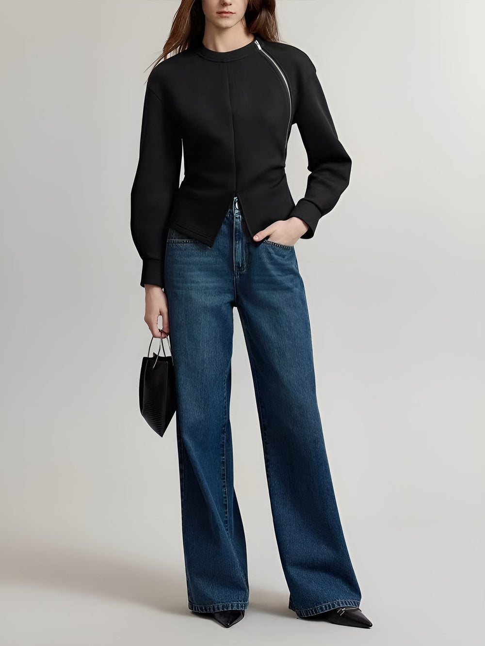 Blouse à Fermeture Éclair Écartelée Unie