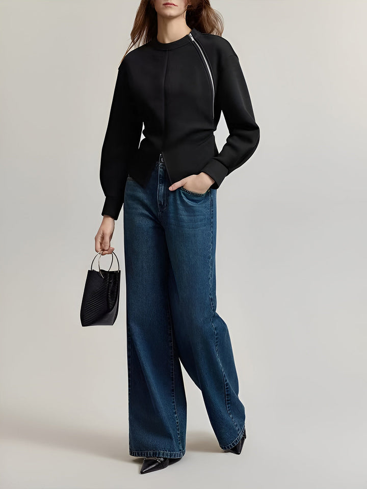 Blouse à Fermeture Éclair Écartelée Unie