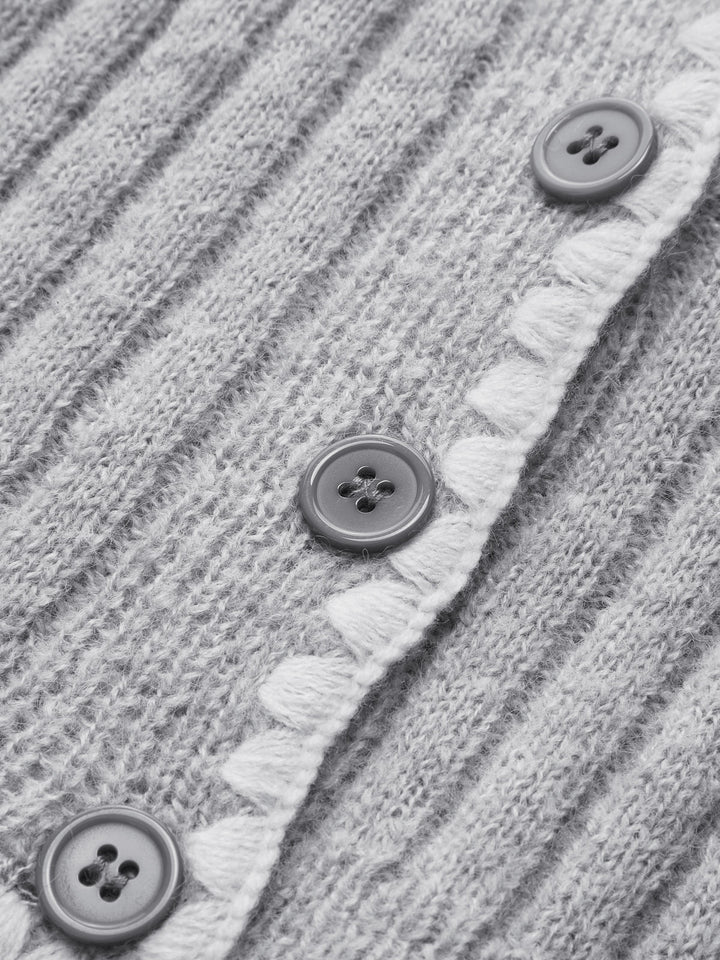 Cardigan à Boutons avec Garniture Brodé Contrastante