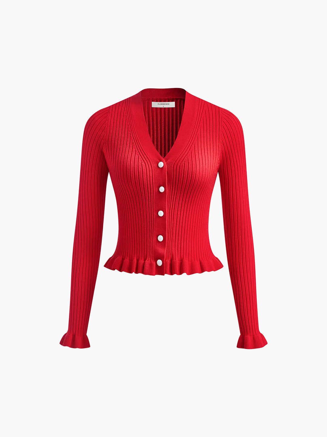 Cardigan Manches Longues à Boutons Perlés et Bordures Volantes