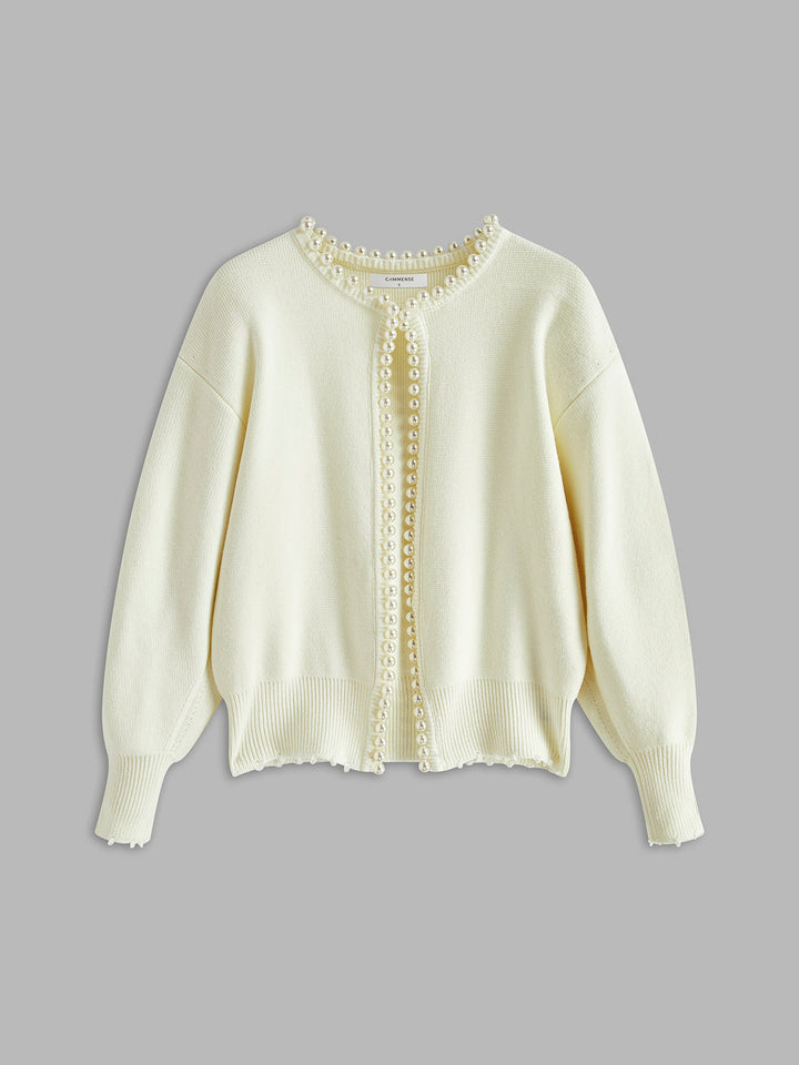 Cardigan à ourlet déchiré avec garniture en perles