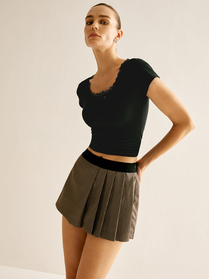 Shorts Plaid Plissé Patchwork