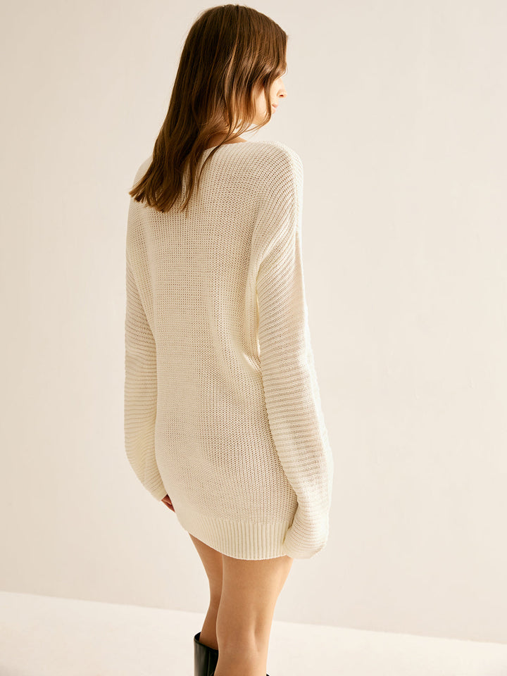 Robe Pull Col en V en Mélange Laine Sans Ceinture