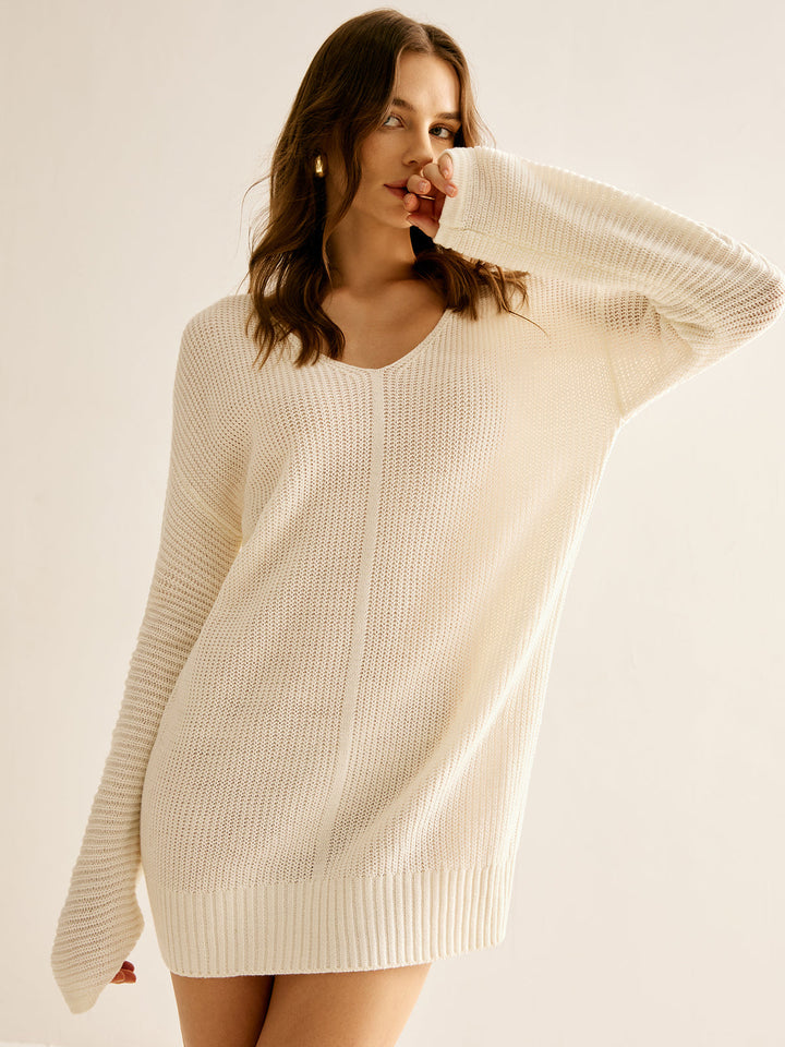 Robe Pull Col en V en Mélange Laine Sans Ceinture