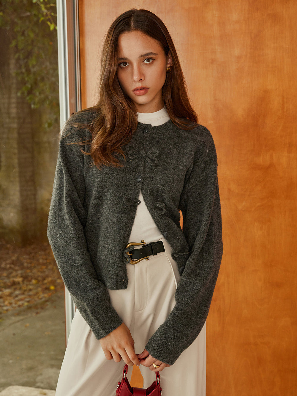 Cardigan Uni à Poitrine Carrée