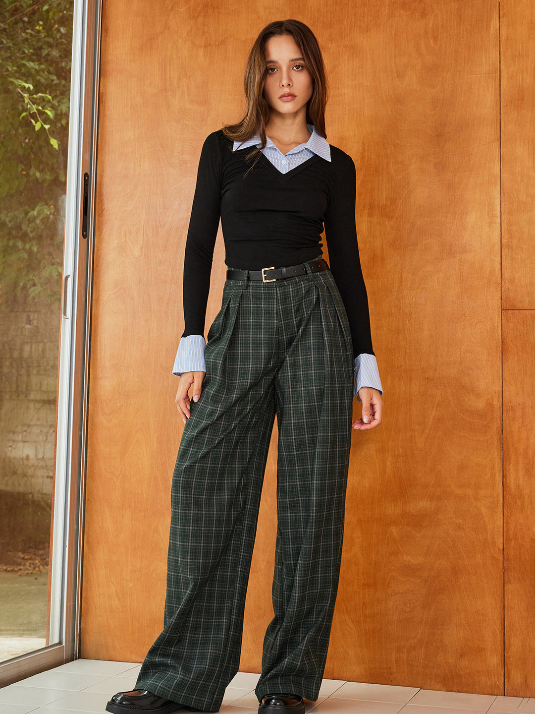 Pantalons Vintage à Jambes Larges Ceinturés à Carreaux