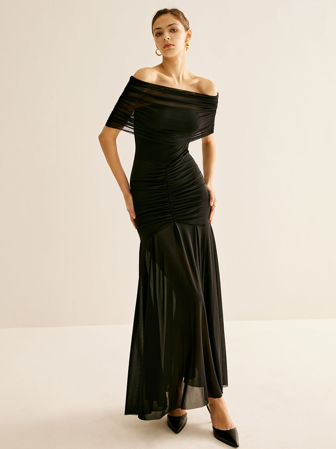 Robe Longue Plissée en Maille avec Châle