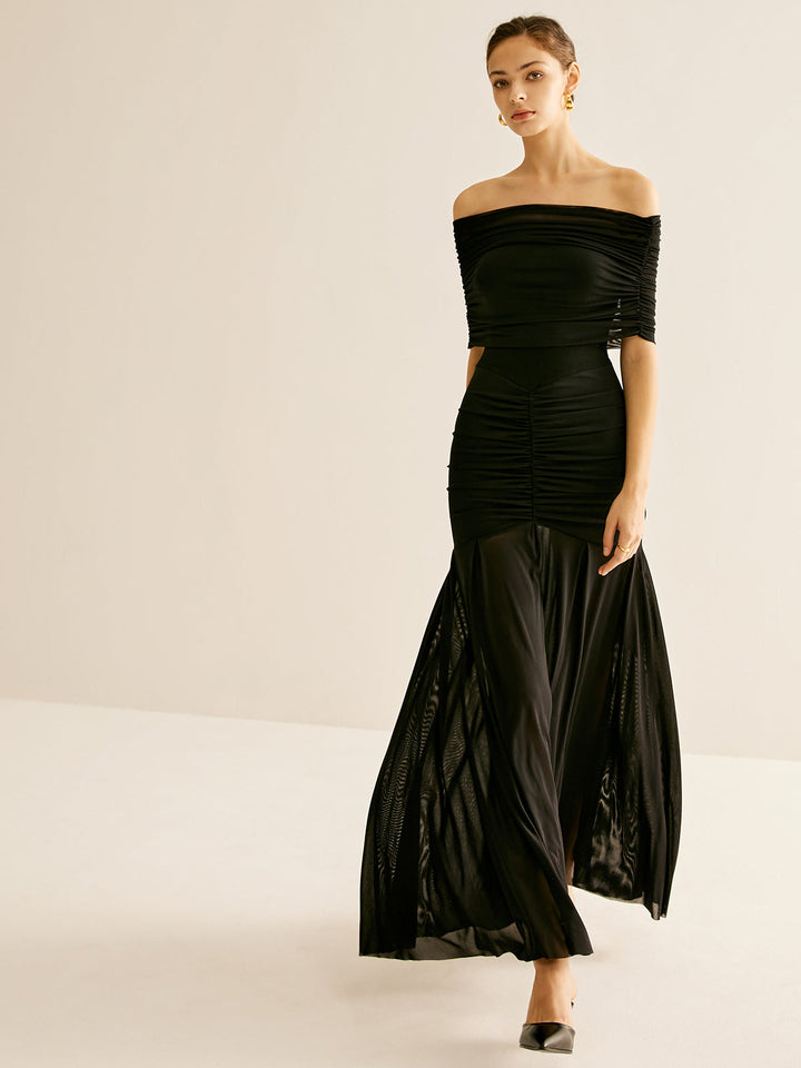 Robe Longue Plissée en Maille avec Châle