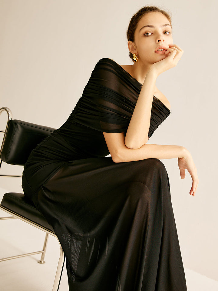 Robe Longue Plissée en Maille avec Châle