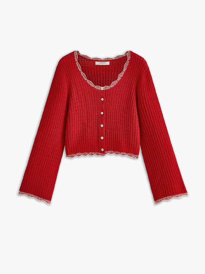 Cardigan à Encolure Festonnée