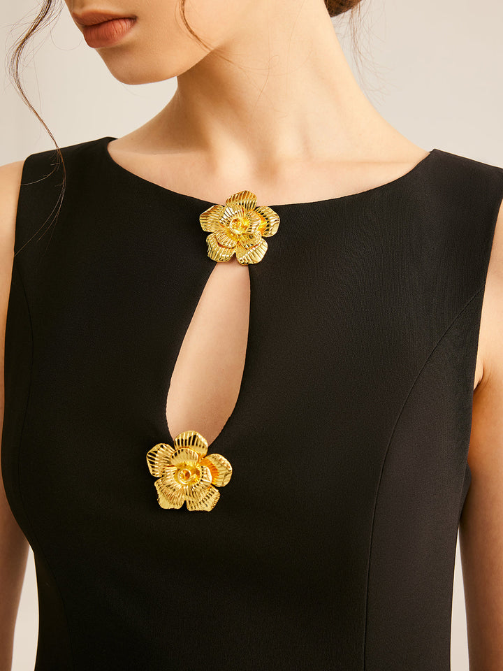 Golden Flower Brooch Cutout Dress
