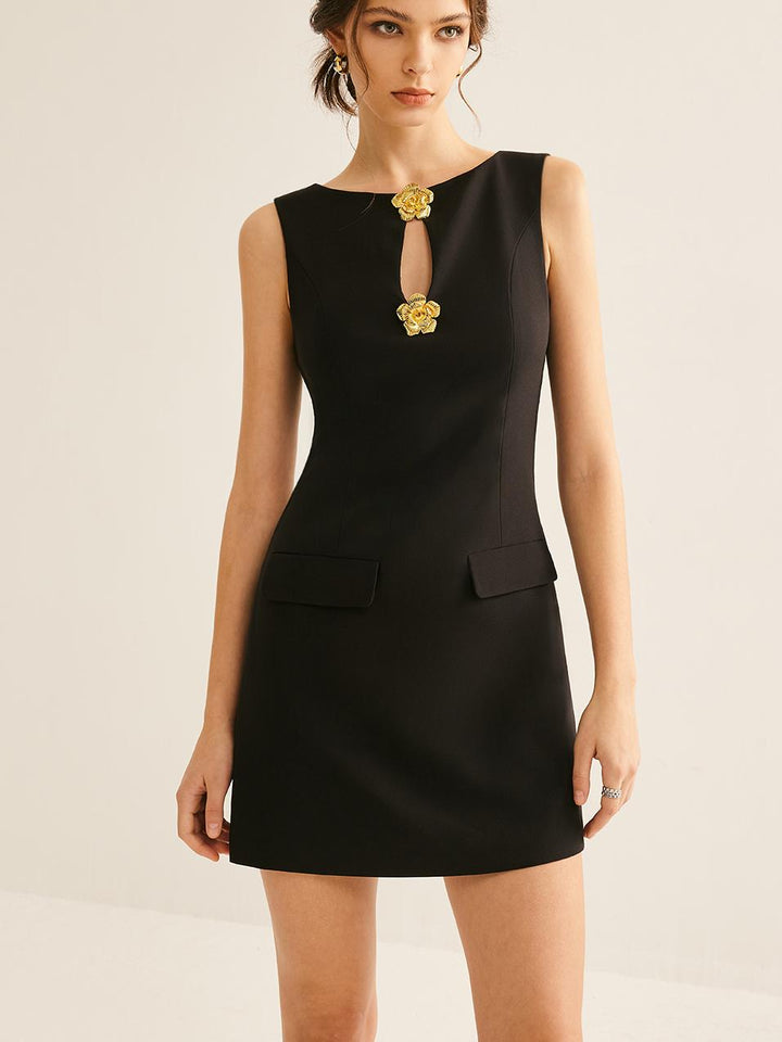 Golden Flower Brooch Cutout Dress