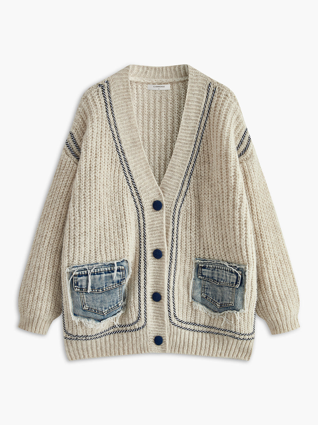 Cardigan en V avec Passepoil Contrastant et Poches