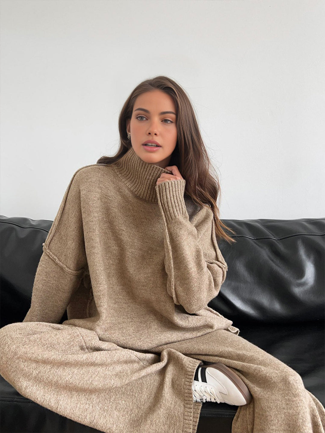 Ensemble Pantalon Tricot à Col Roulé Uni