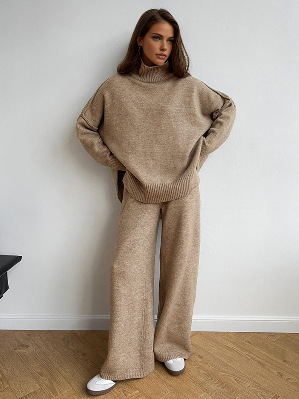 Ensemble Pantalon Tricot à Col Roulé Uni