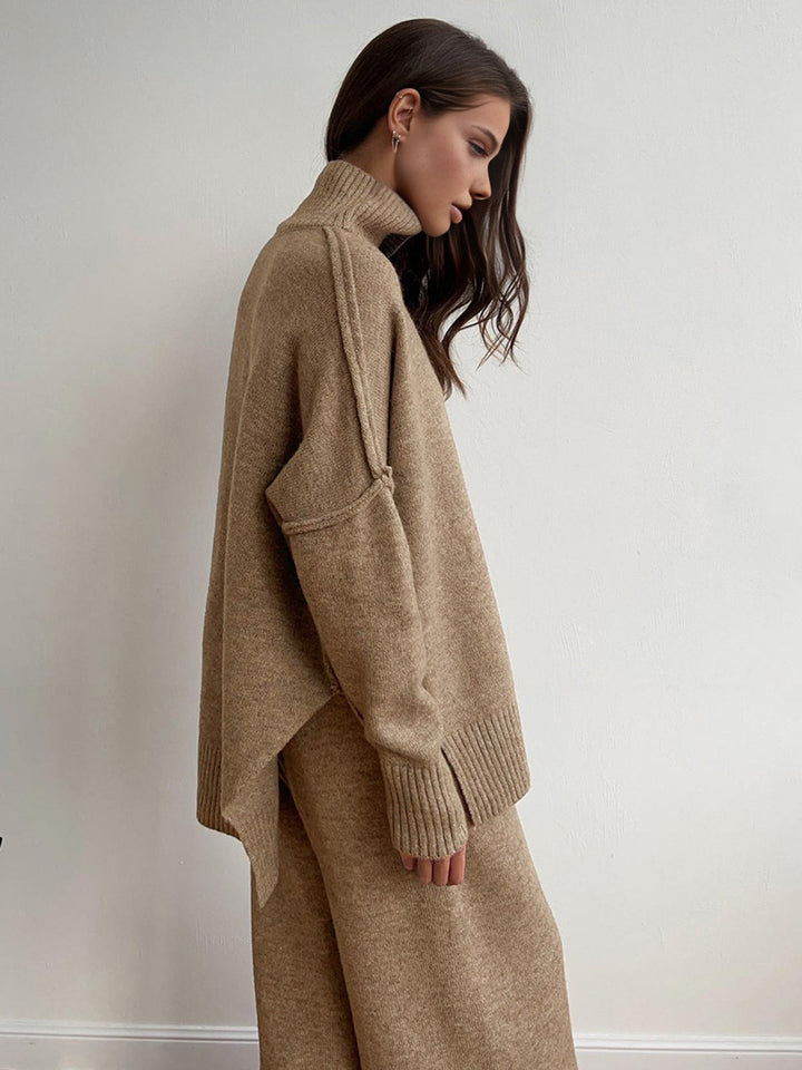 Ensemble Pantalon Tricot à Col Roulé Uni