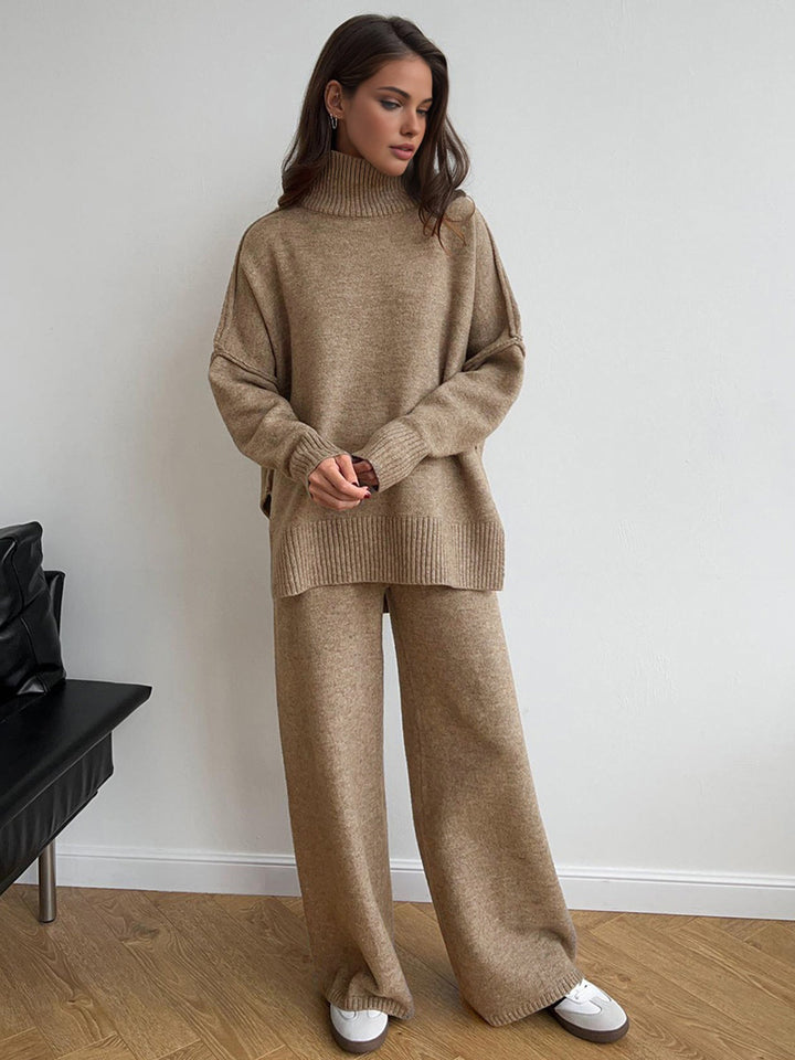 Ensemble Pantalon Tricot à Col Roulé Uni