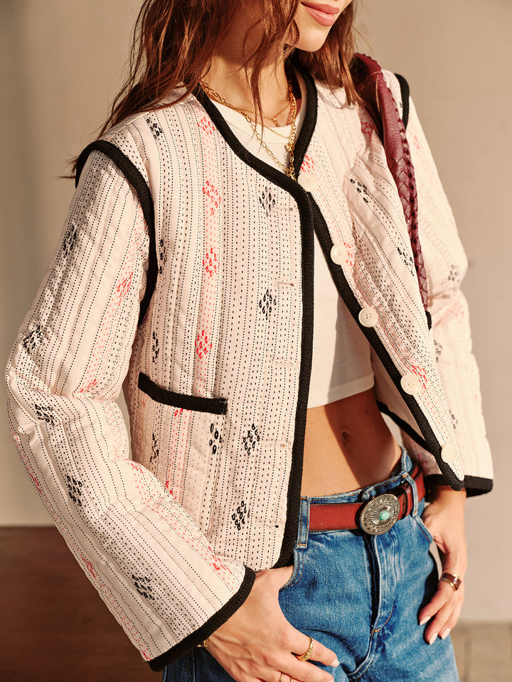 Veste Courte Bohème à Passepoil Contrasté