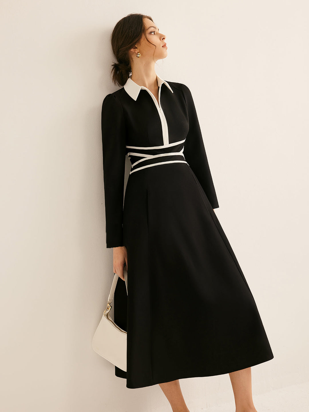 Robe à revers à manches longues et passepoil contrasté