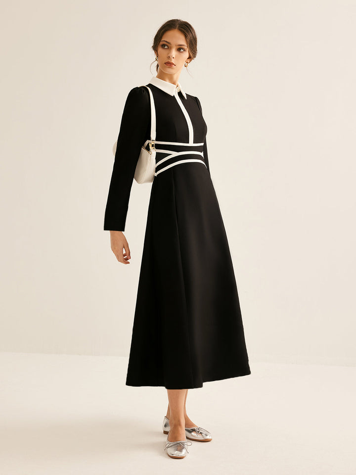 Robe à revers à manches longues et passepoil contrasté