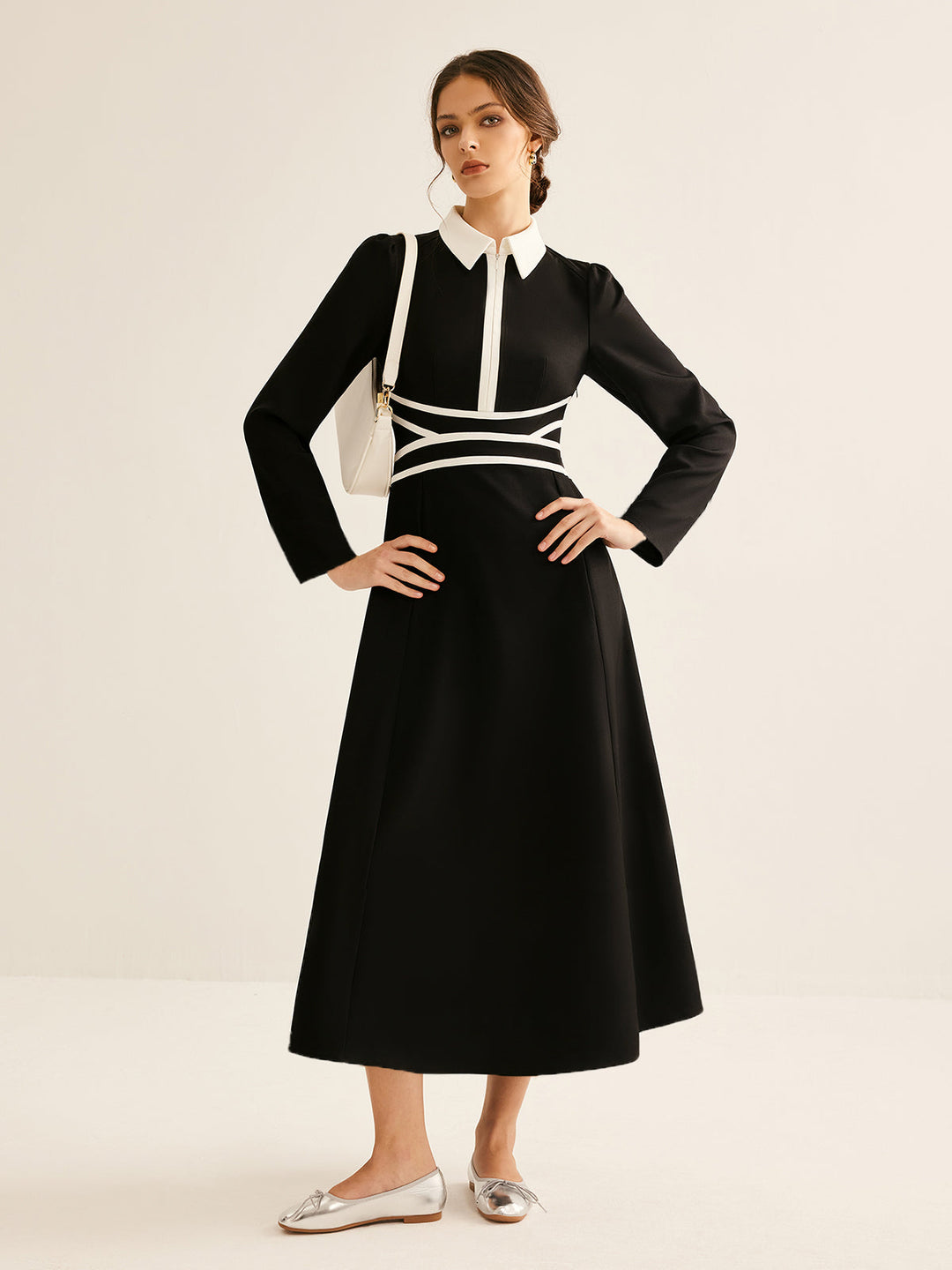 Robe à revers à manches longues et passepoil contrasté