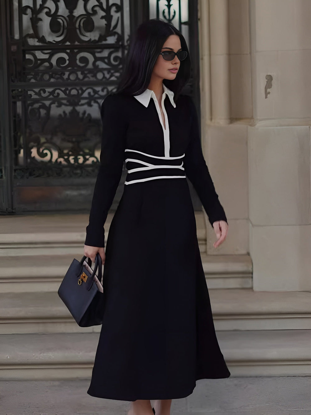 Robe à revers à manches longues et passepoil contrasté