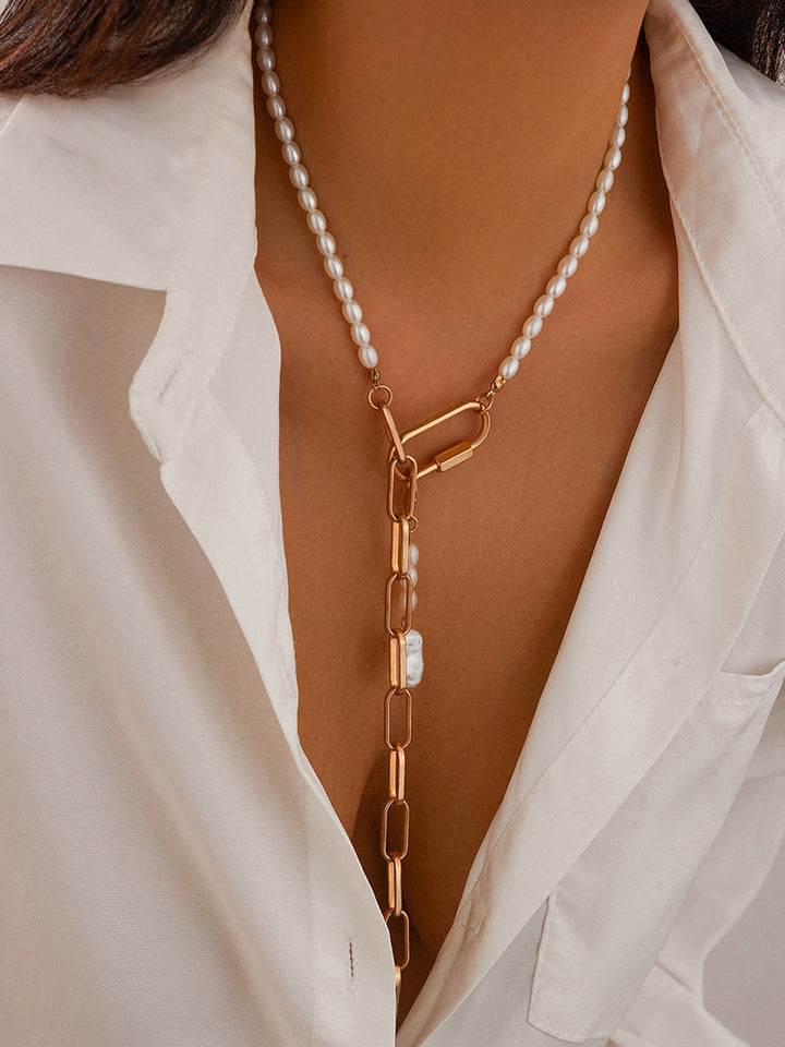Collier Sautoir Géométrique à Maillons Perlés en Y