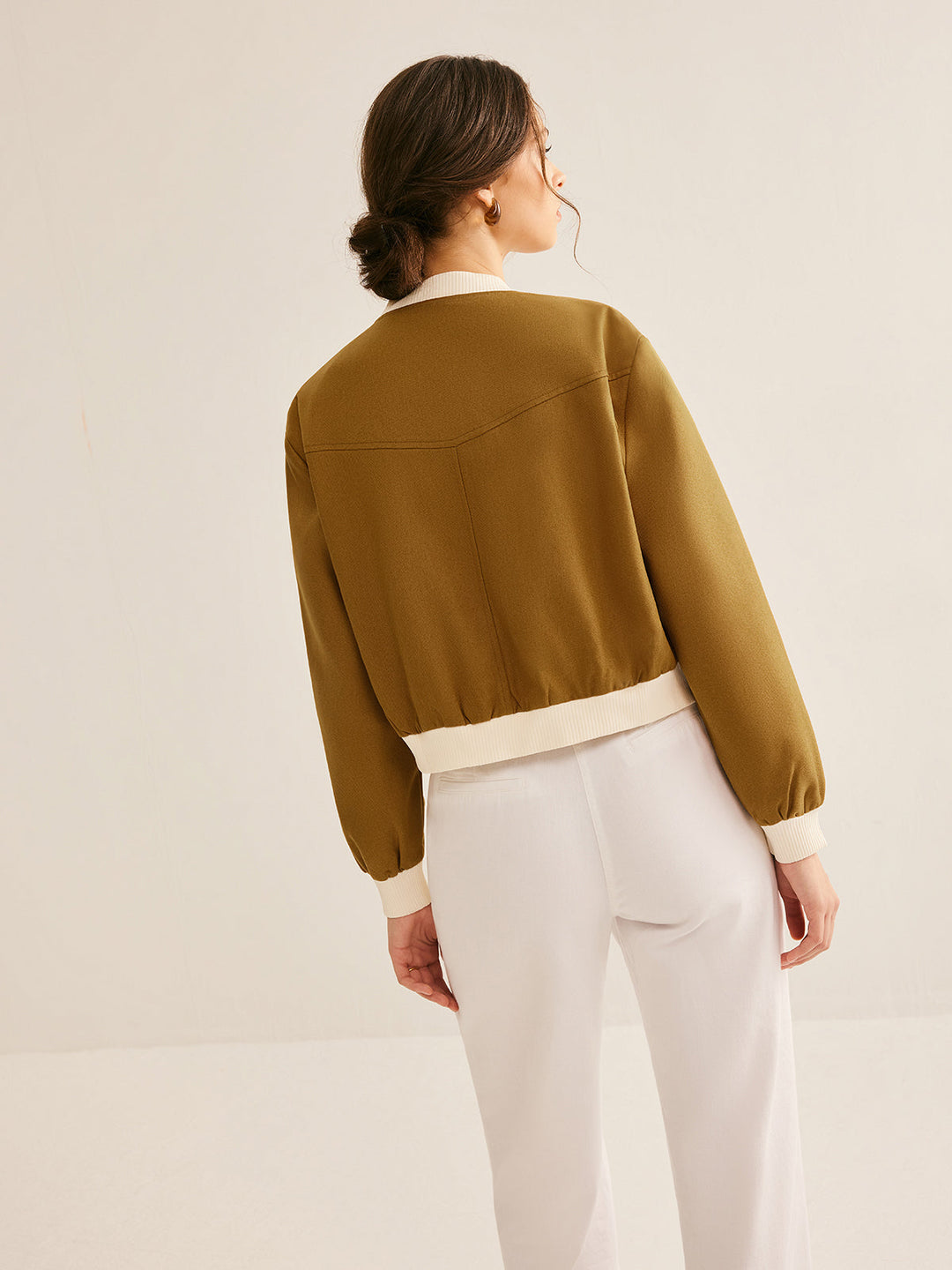 Veste Boutonnée Oversized à Col Ras du Cou Contrastée