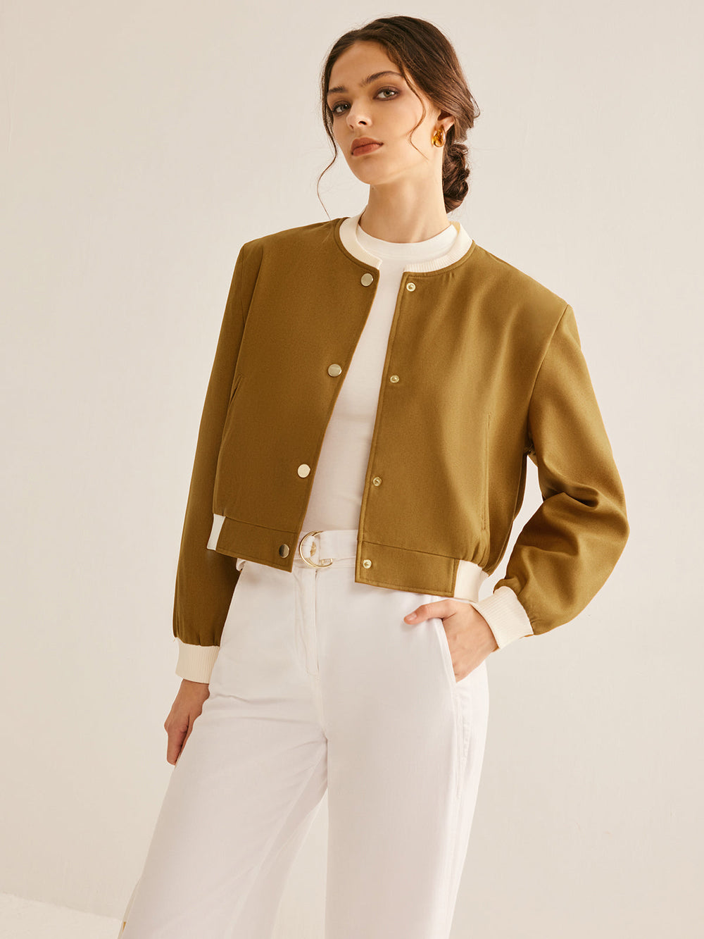 Veste Boutonnée Oversized à Col Ras du Cou Contrastée