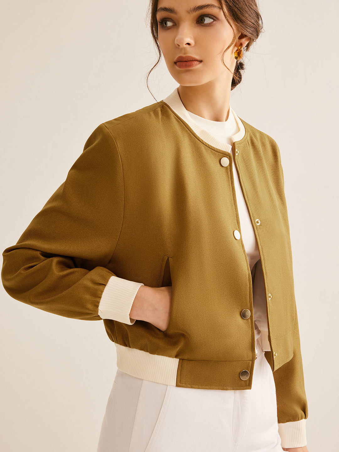 Veste Boutonnée Oversized à Col Ras du Cou Contrastée
