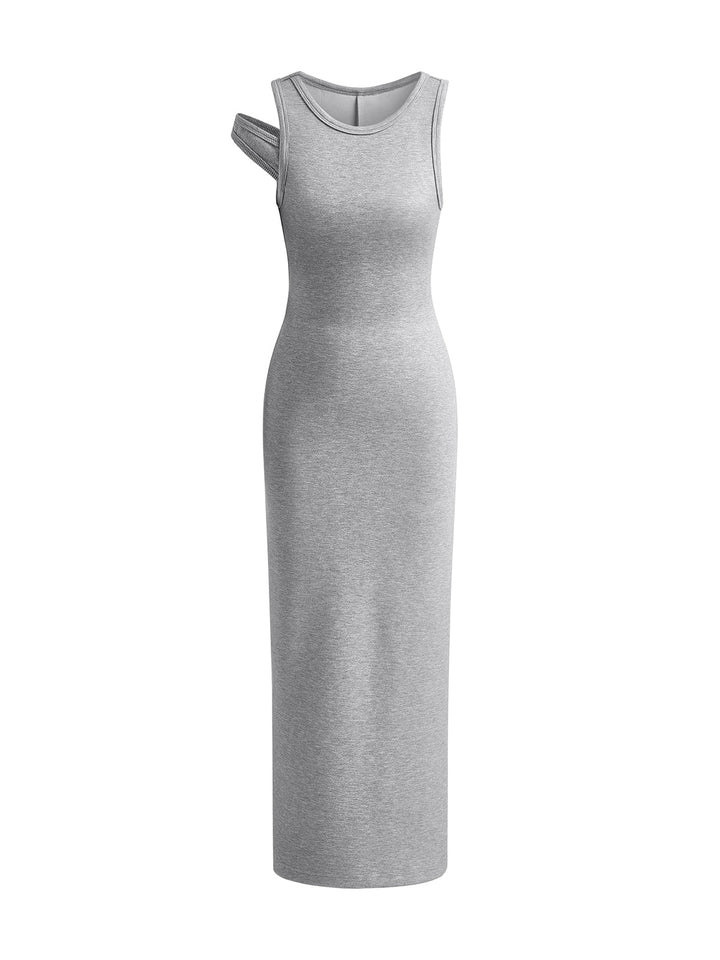 Robe Longue Asymétrique à Col Rond et Fente