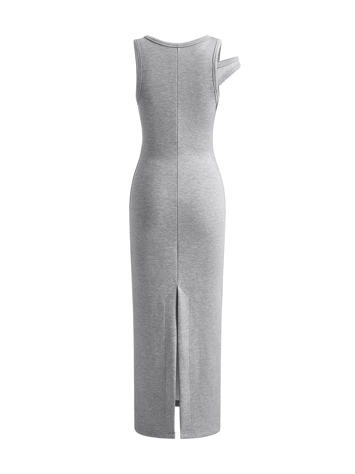 Robe Longue Asymétrique à Col Rond et Fente