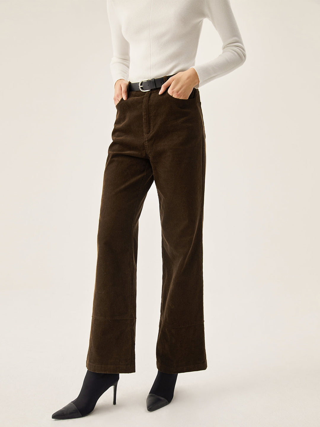 Pantalon Large en Velours Côtelé à Poches