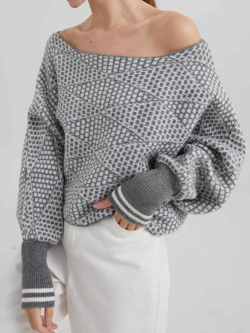 Pull en Laine Mélangée à Épaules Dégagées