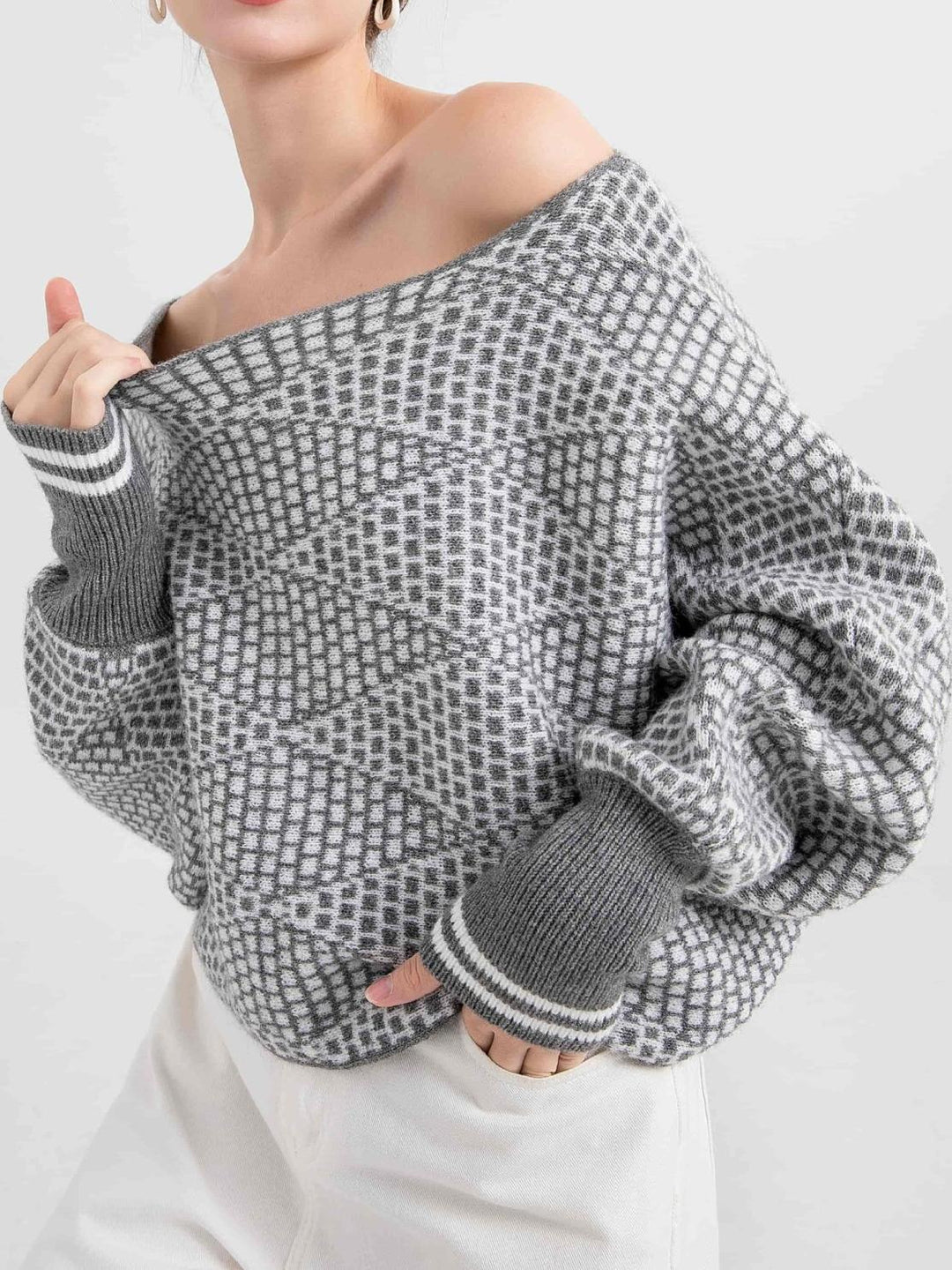 Pull en Laine Mélangée à Épaules Dégagées
