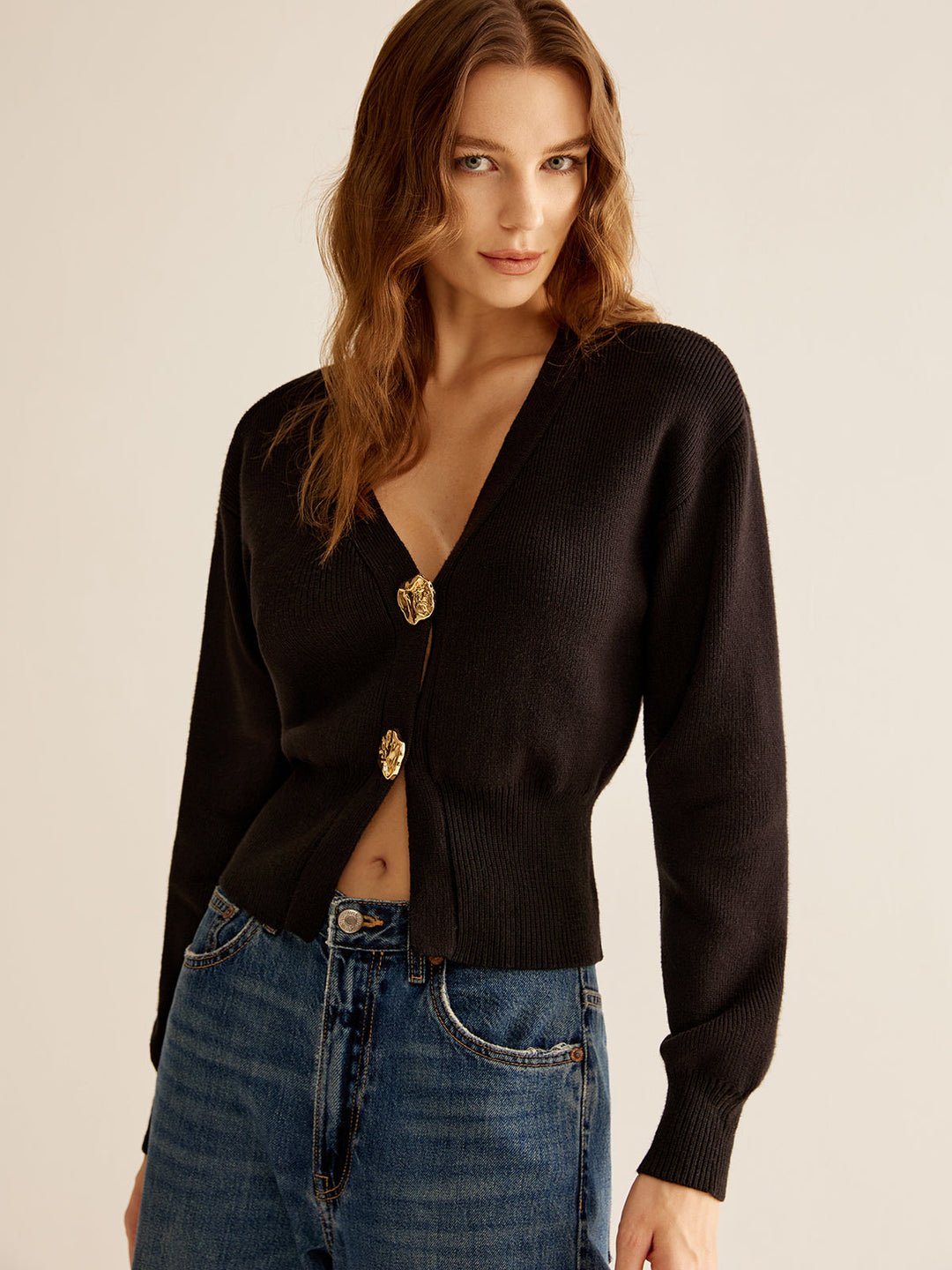 Cardigan Décolleté en V Côtelé Plissé