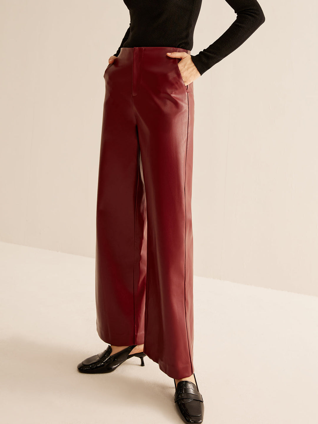 Pantalon Regular En Cuir Pu Pour Femme
