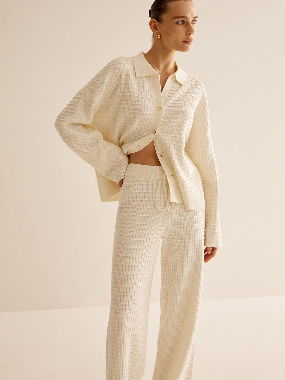 Cardigan Manches Longues Boutonné à Revers Plaid