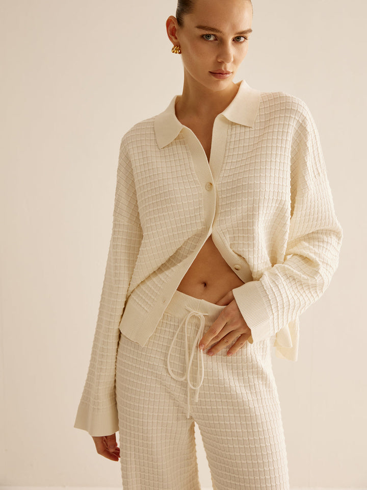 Cardigan Manches Longues Boutonné à Revers Plaid